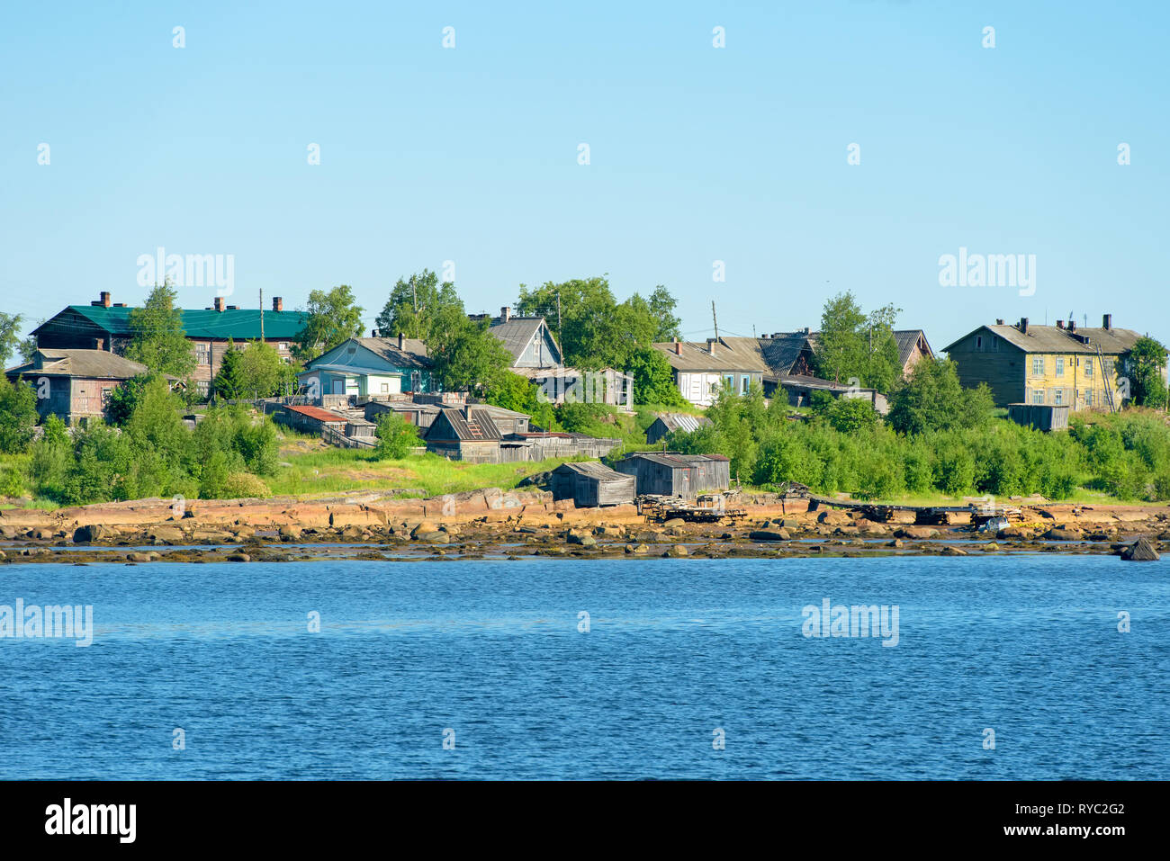 Village of Rabocheostrovsk, Kem. View from the White Sea, Arkhangelsk Region, Russia Stock Photo