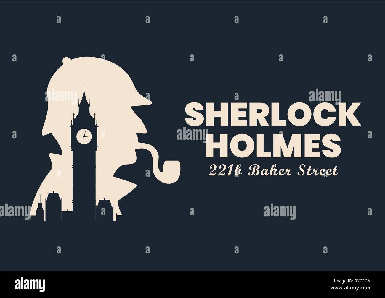 Sherlock holmes silhouette with Big Ben London Banner sign. Vector illustration Stock Vector