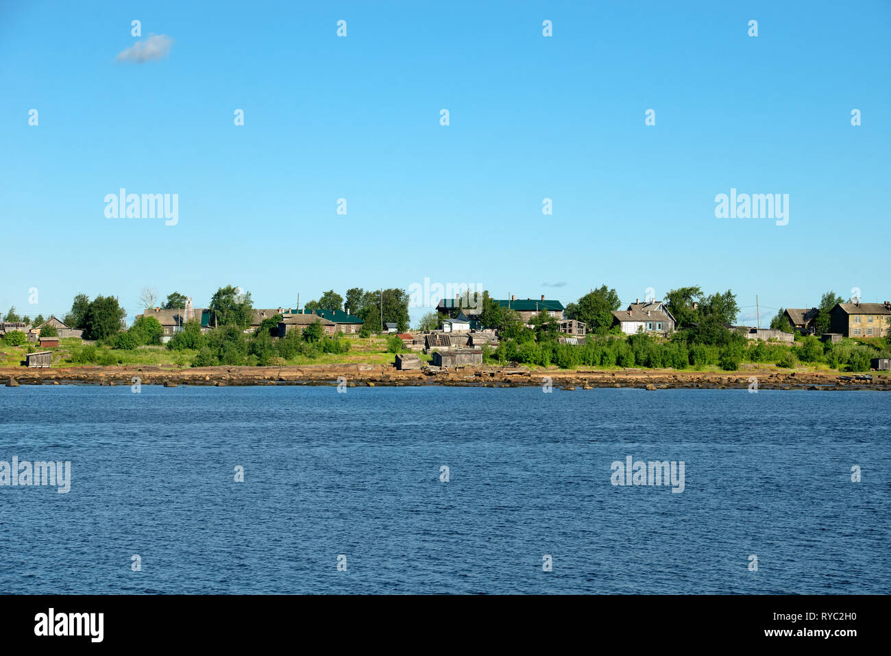 Village of Rabocheostrovsk, Kem. View from the White Sea, Arkhangelsk Region, Russia Stock Photo