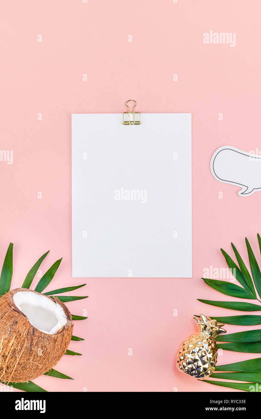 Creative flat lay top view mock up green tropical palm leaves coconuts ...