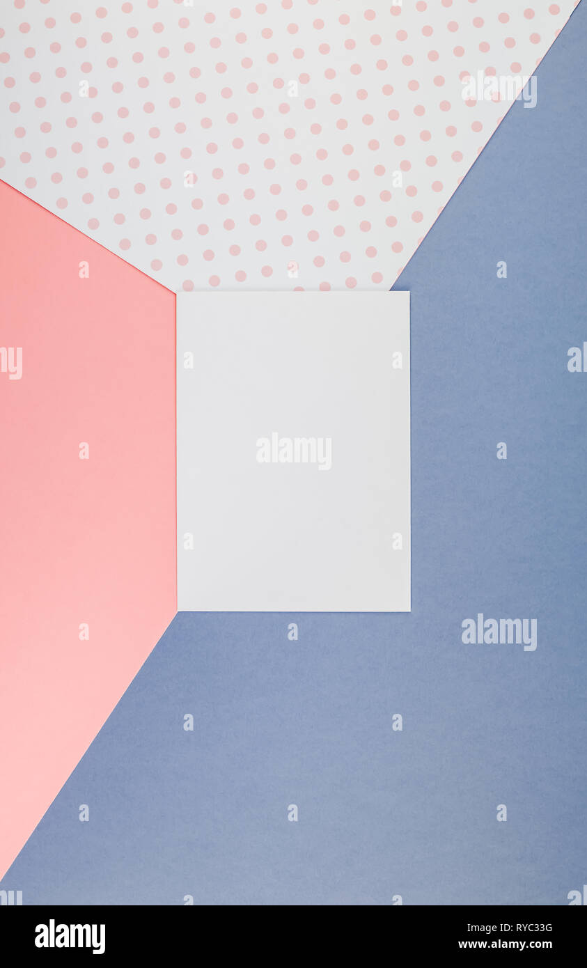 Creative top view mock up blank paper sheet pink postcard background ...
