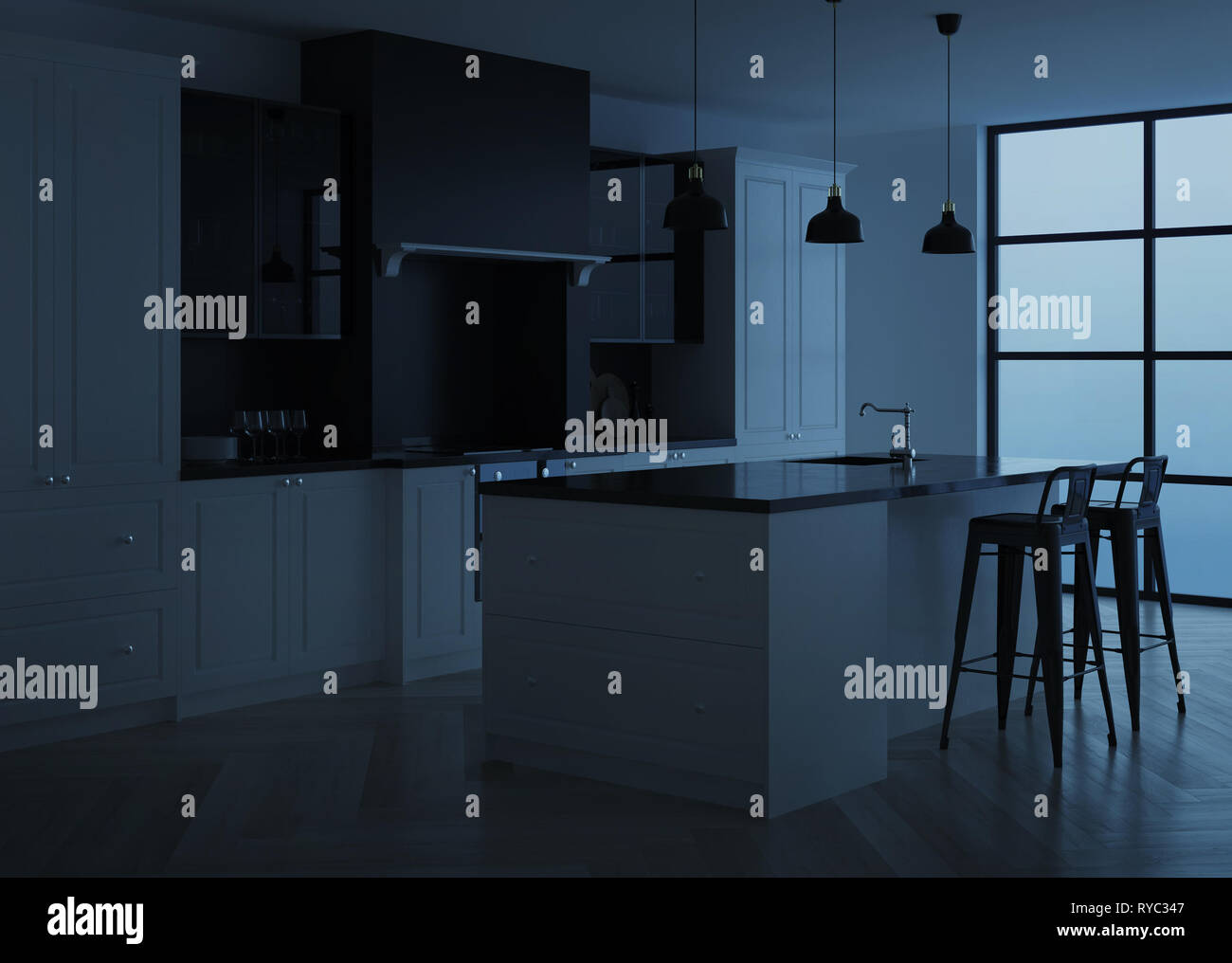 Modern kitchen interior. Modern classic. Evening lighting. 3D rendering ...