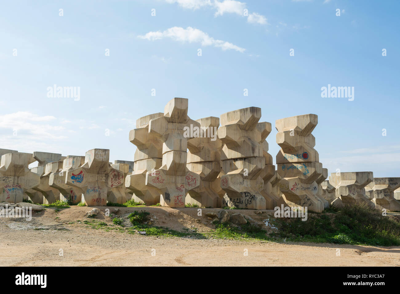 Wave breakers concrete blocks on the beach Beirut Lebanon Middle East Stock Photo