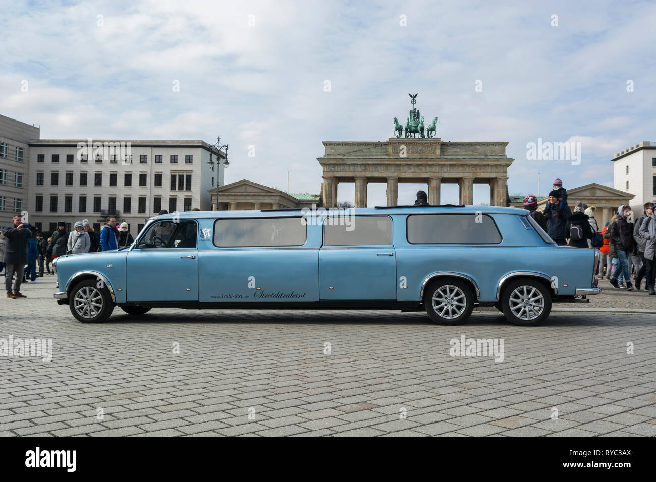 Trabant limo at Brandenburg gate Berlin germany Stock Photo
