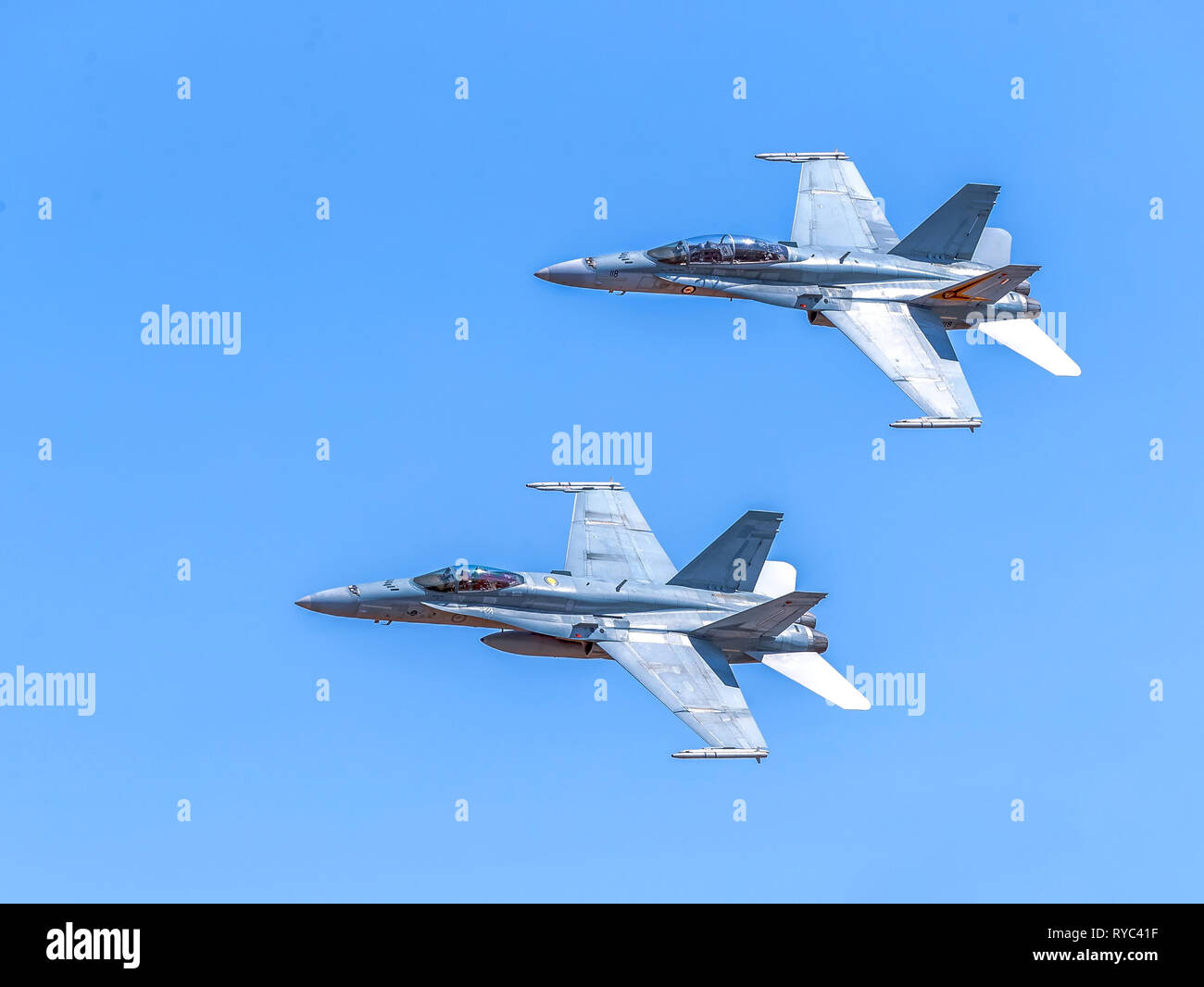 Royal Australian Air Force F/A-18A /18B Hornets Multi-role fighter jets in flight Stock Photo