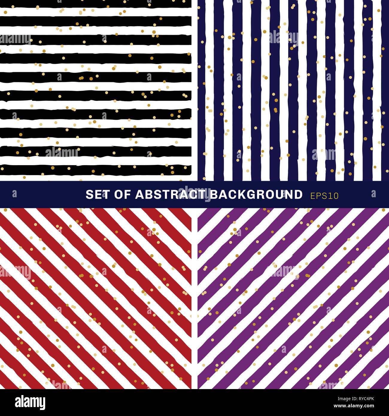 Set of abstract black, blue, red, purple, white striped on trendy background with random gold foil dots pattern. You can use for greeting card or wrap Stock Vector