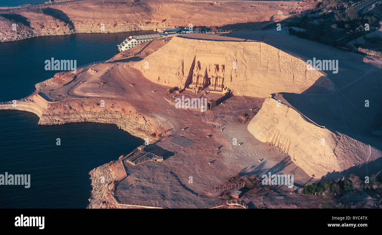 The Great Temple of Rameses II in ABU SIMBEL from Above, EGYPT Stock Photo