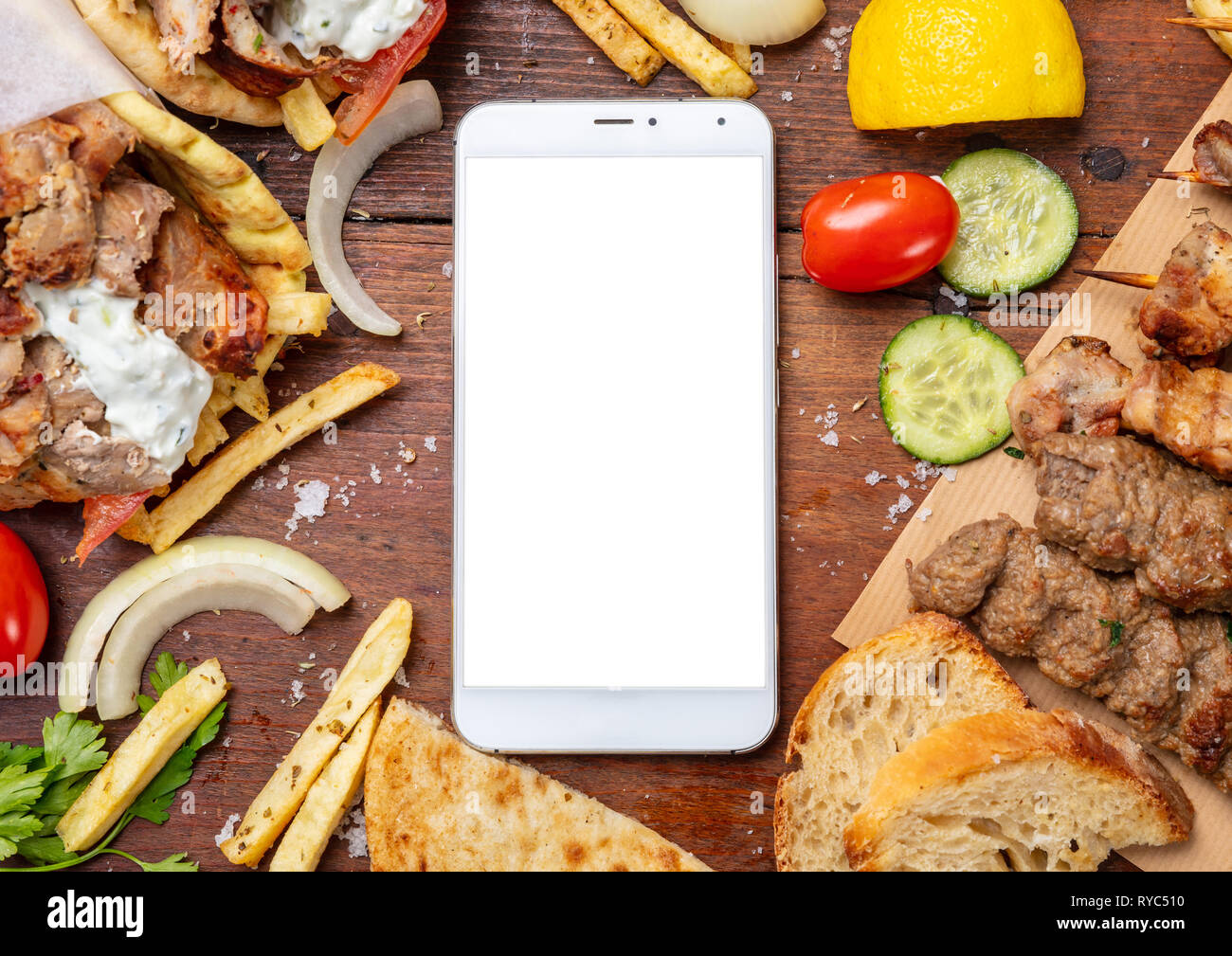 Gyro pita, shawarma, online order. Two pita bread wraps with meat, and