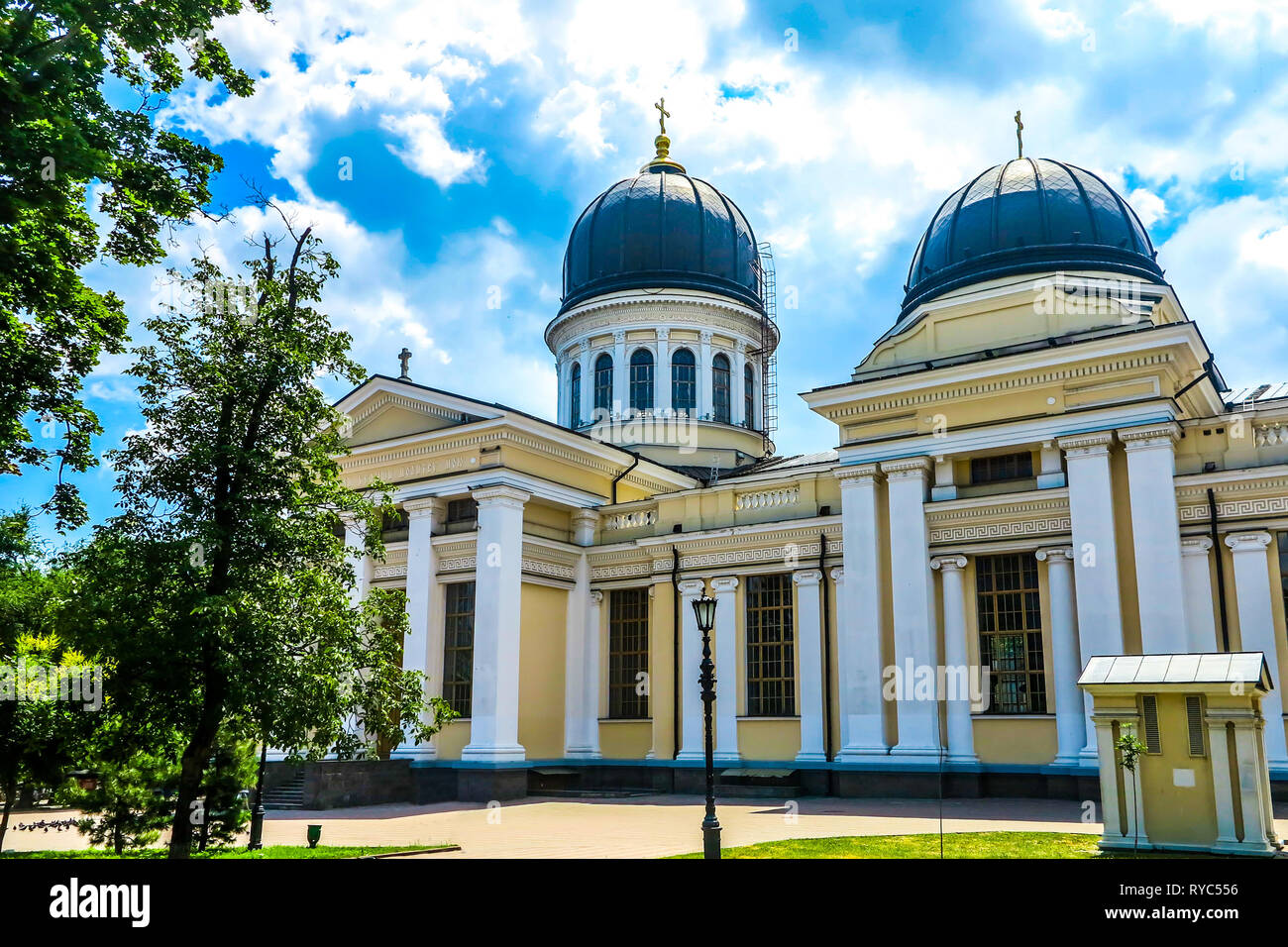 Odessa Spaso Preobrazhensky Cathedral Side View with Cupola and Golden Cross Stock Photo