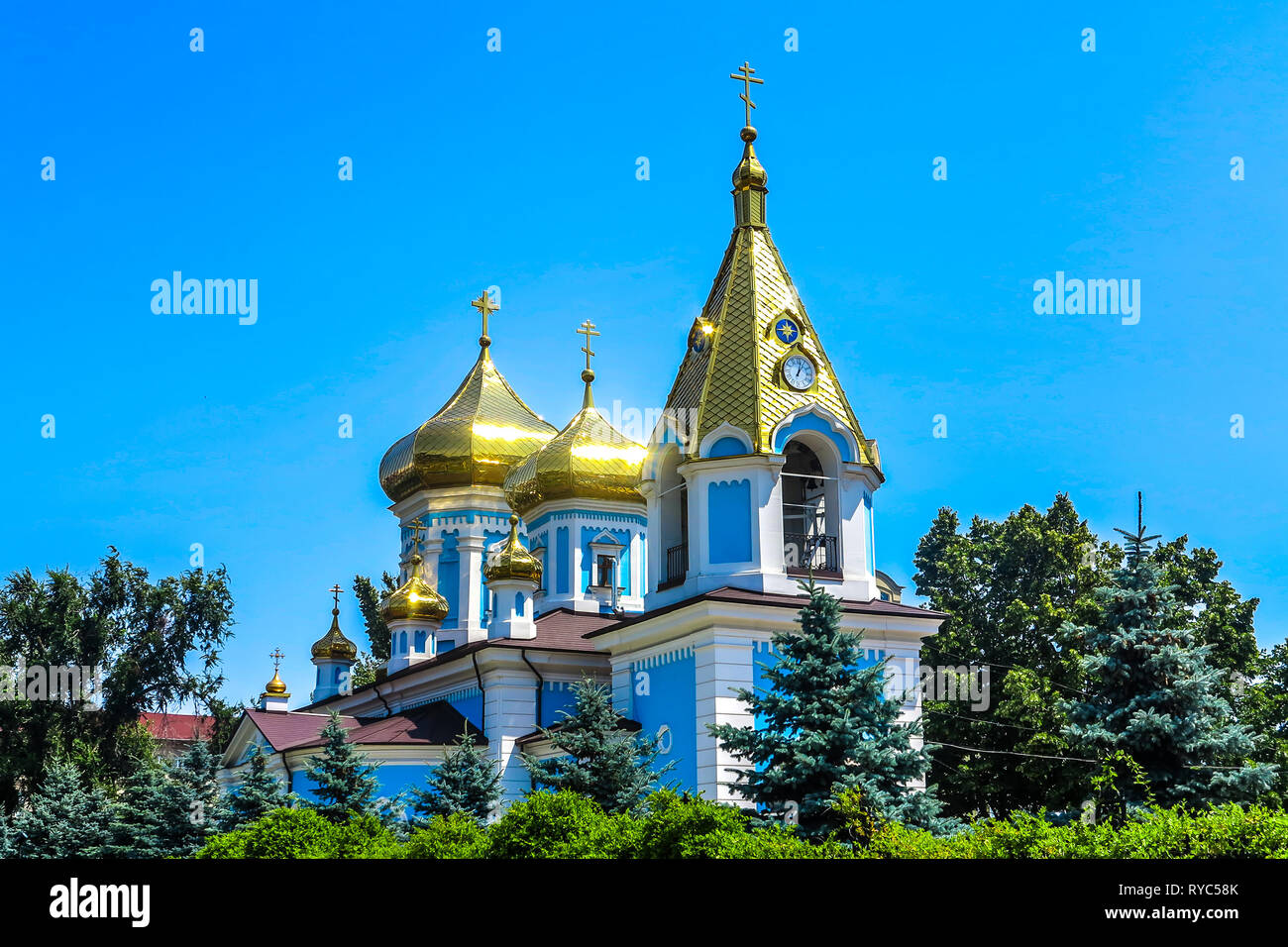 Chisinau Ciuflea Monastery Saint Theodore Tyro Main Church Side View with Golden Cupola Crosses Stock Photo