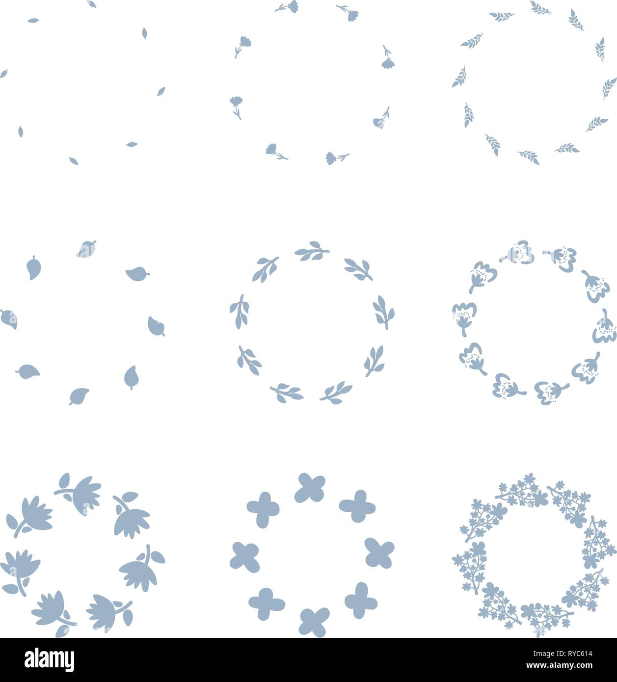 Hand drawn vector round frame set collection. Floral wreath with leaves ...