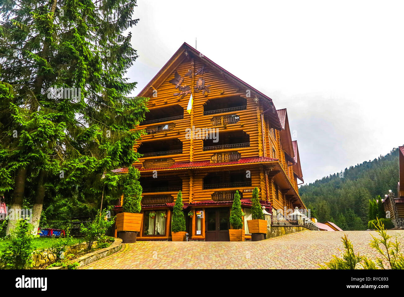 Synevir National Park Lake Hotel and Tourist Area Complex in the Ukrainian Carpathian Mountains Stock Photo