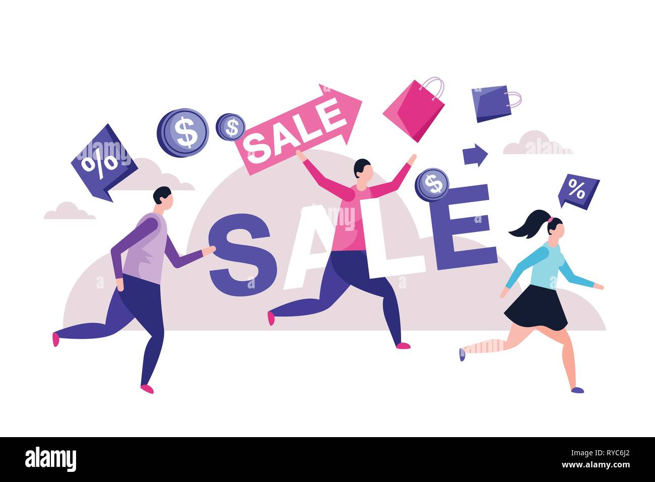 Vector people running. Big sale concept with simple style people