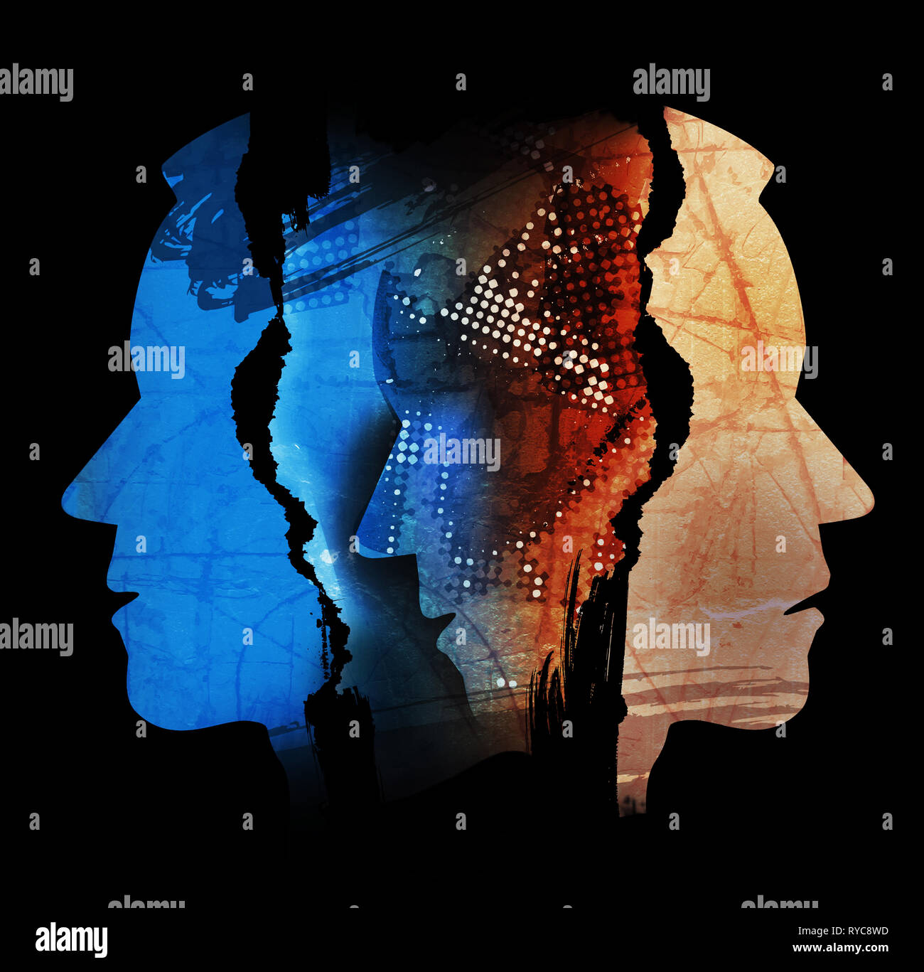 Schizophrenia, depression, male heads. Male heads, stylized silhouettes shown in profile. Concept symbolizing schizophrenia, depression. Stock Photo
