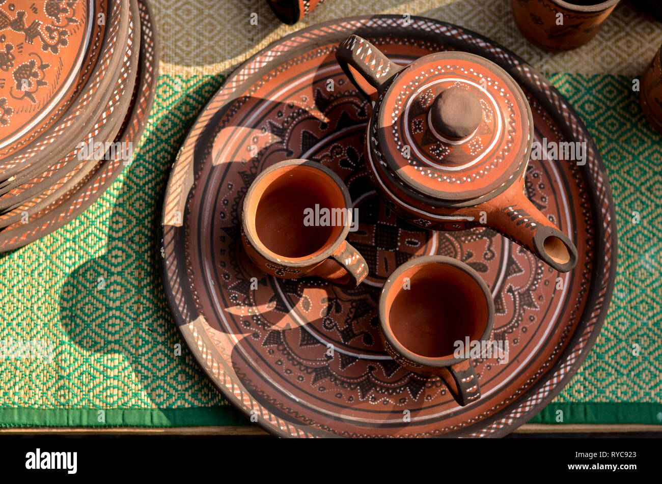 Top view close up of beautiful Gujarati Khavda Pottery earthen