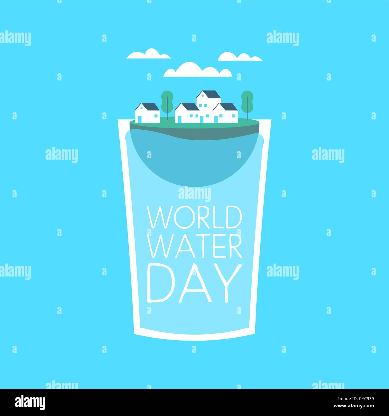 World Water Day illustration for climate change and environment care concept. Small city floating inside drinking glass. Stock Vector