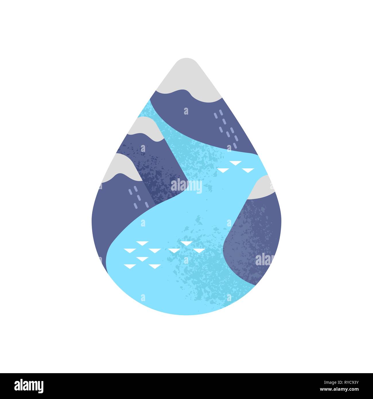 Water environment illustration of blue mountain river inside waterdrop on isolated white background. Climate change and melting ice poles awareness co Stock Vector