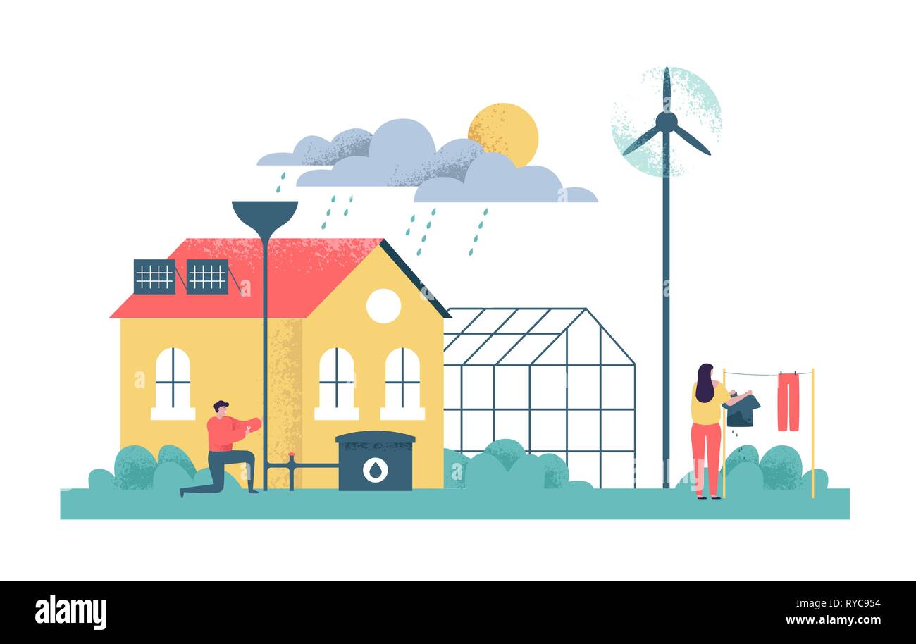Green eco friendly house illustration on isolated background. Man and woman working in sustainable home for environment care. Modern building with win Stock Vector