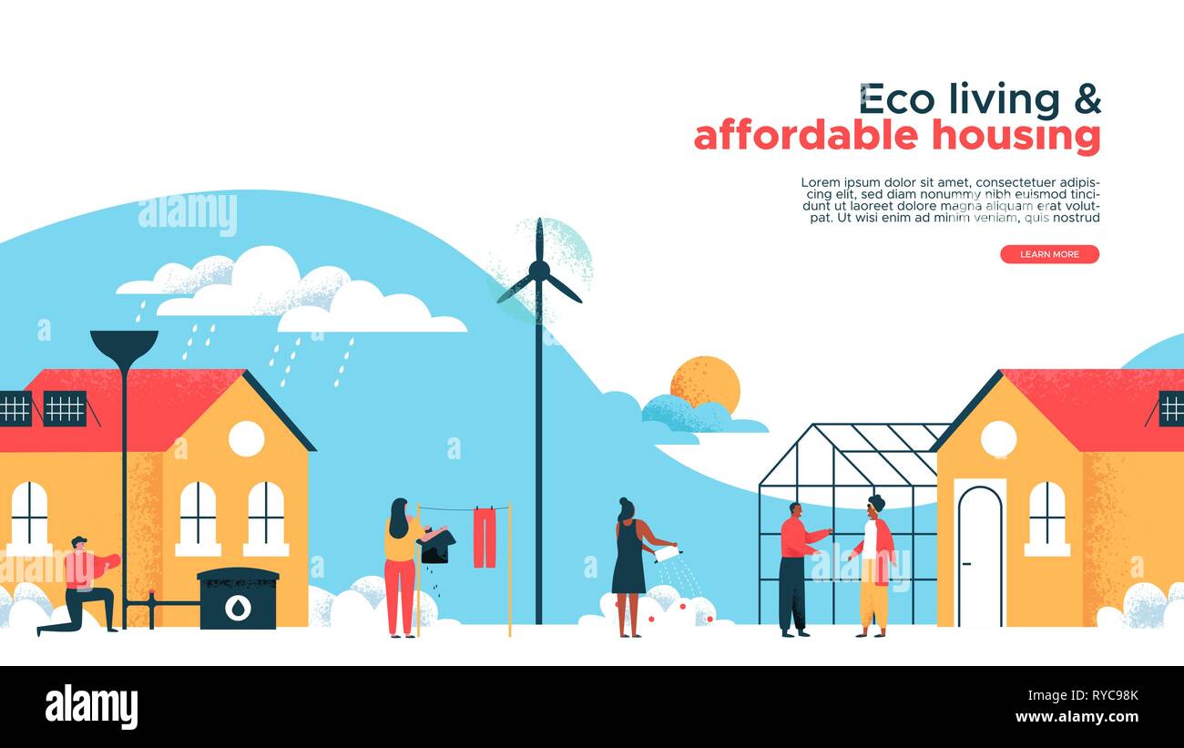 Green eco friendly houses and real estate property web landing page template. Happy diverse people in sustainable housing community. Modern building w Stock Vector