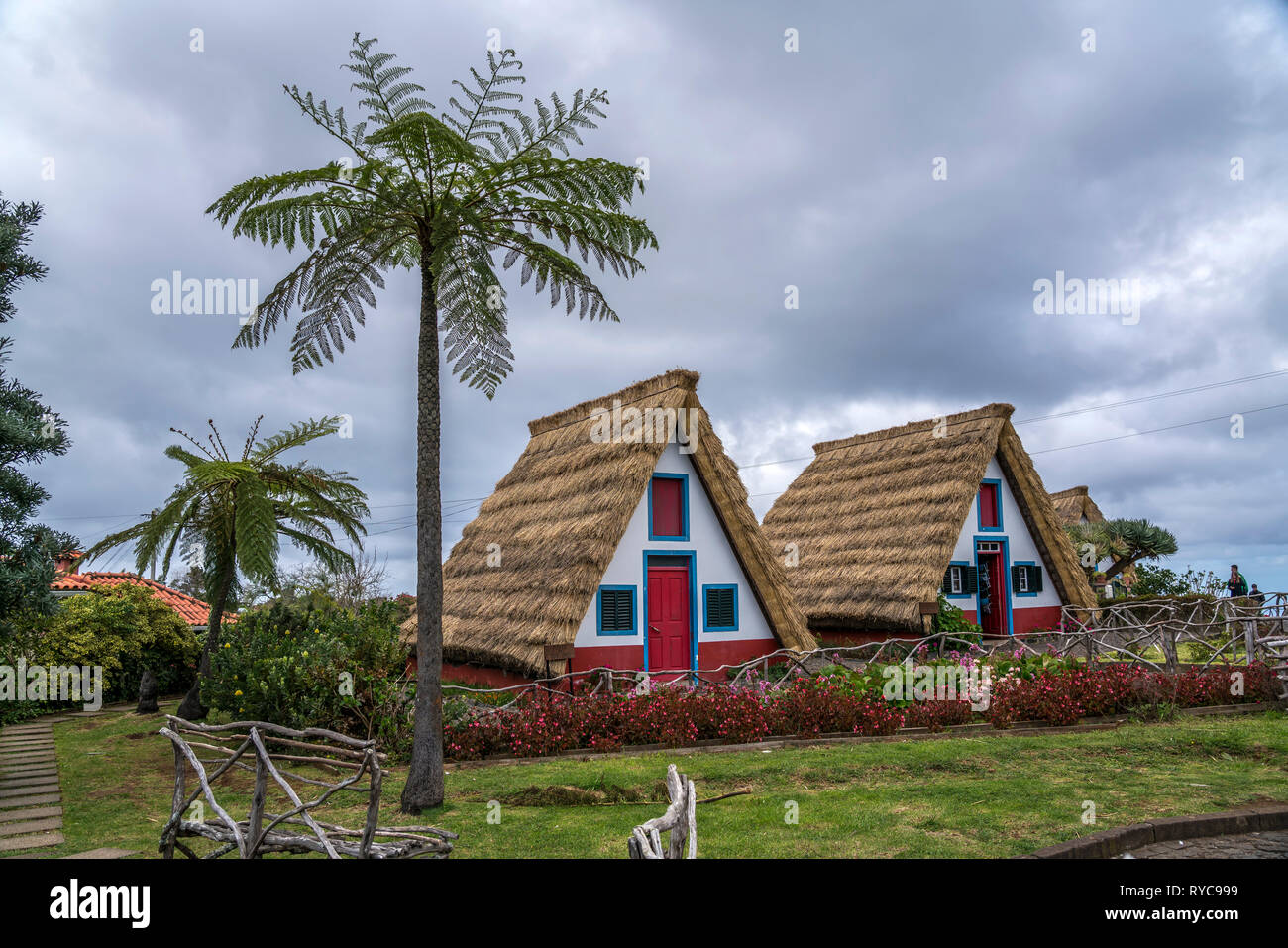 typische strohgedeckte Holzhäuser Madeira-Häuser in Santana, Madeira, Portugal, Europa |  traditional Madeirense home with roof in Santana,  i Madeira Stock Photo