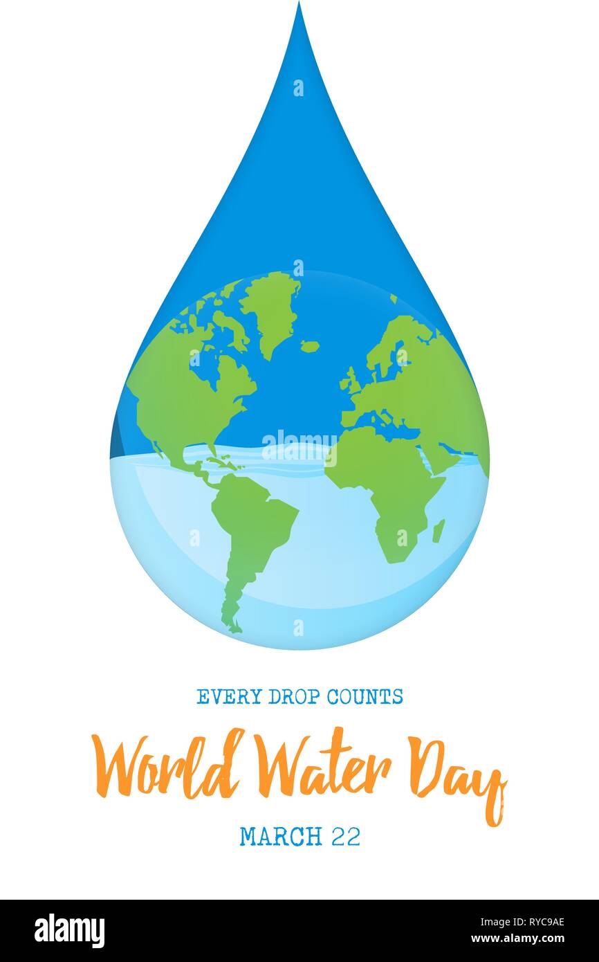 World Water Day illustration for climate change and environment care concept. Blue planet earth in waterdrop shape. Stock Vector