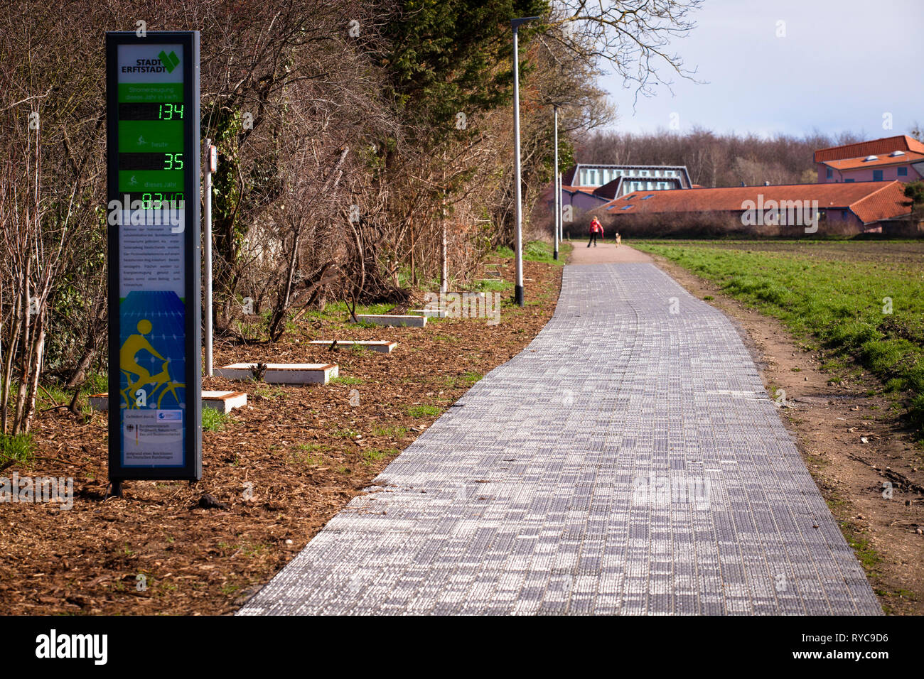 the first solar energy cycle path in Germany in Erftstadt-Liblar near Cologne, 90 meter long test track of the company Solmove.  der erste Solarenergi Stock Photo