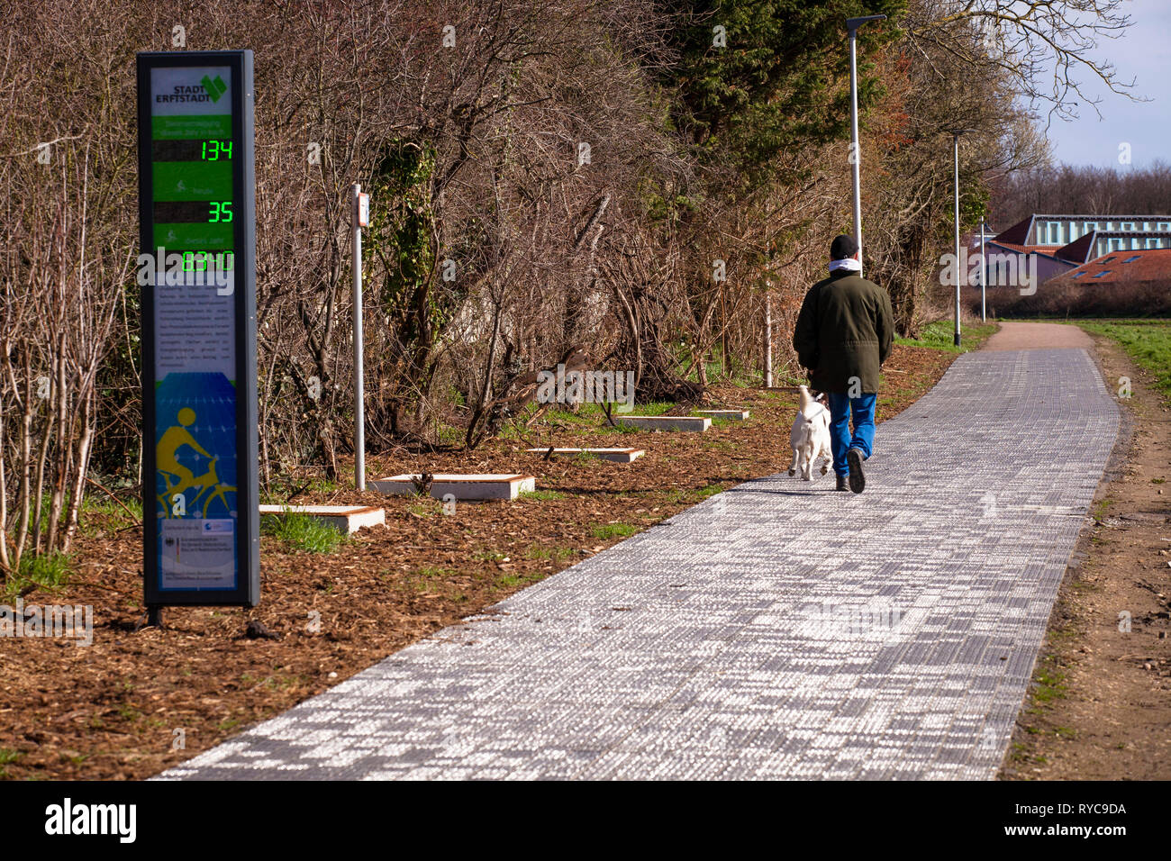 the first solar energy cycle path in Germany in Erftstadt-Liblar near Cologne, 90 meter long test track of the company Solmove.  der erste Solarenergi Stock Photo