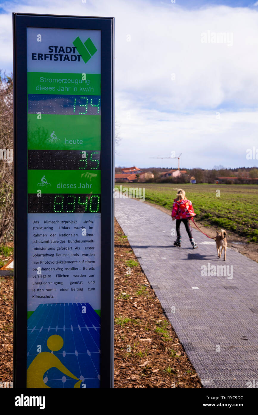 the first solar energy cycle path in Germany in Erftstadt-Liblar near Cologne, 90 meter long test track of the company Solmove.  der erste Solarenergi Stock Photo