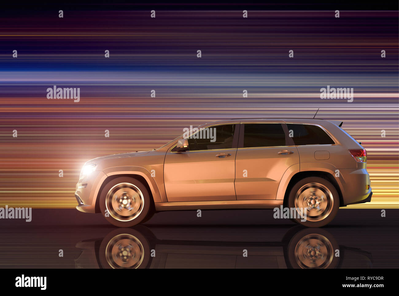 3D rendering of a motion panning of an SUV Stock Photo