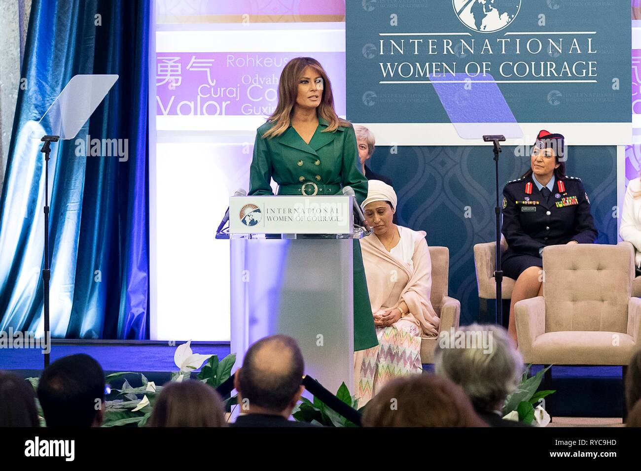 U.S First Lady Melania delivers remarks at the 2019 International Women of Courage awards ceremony at the State Department March 7, 2019 in Washington, DC. Stock Photo
