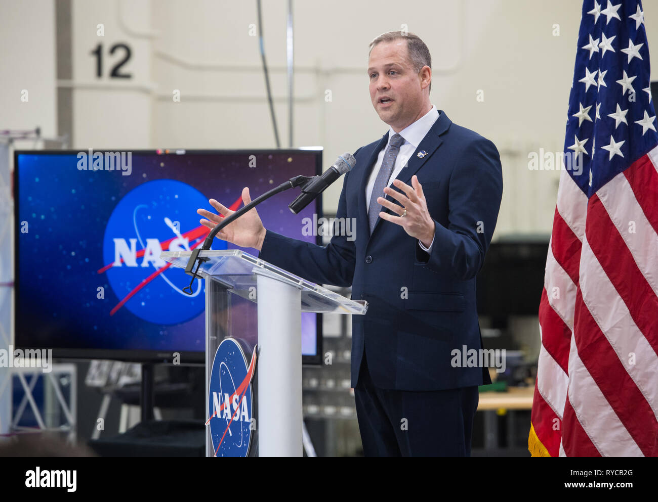 NASA Administrator Jim Bridenstine addresses employees on progress toward sending astronauts to the Moon and on to Mars during a televised event at the Kennedy Space Center March 11, 2019 in Cape Canaveral, Florida. Stock Photo