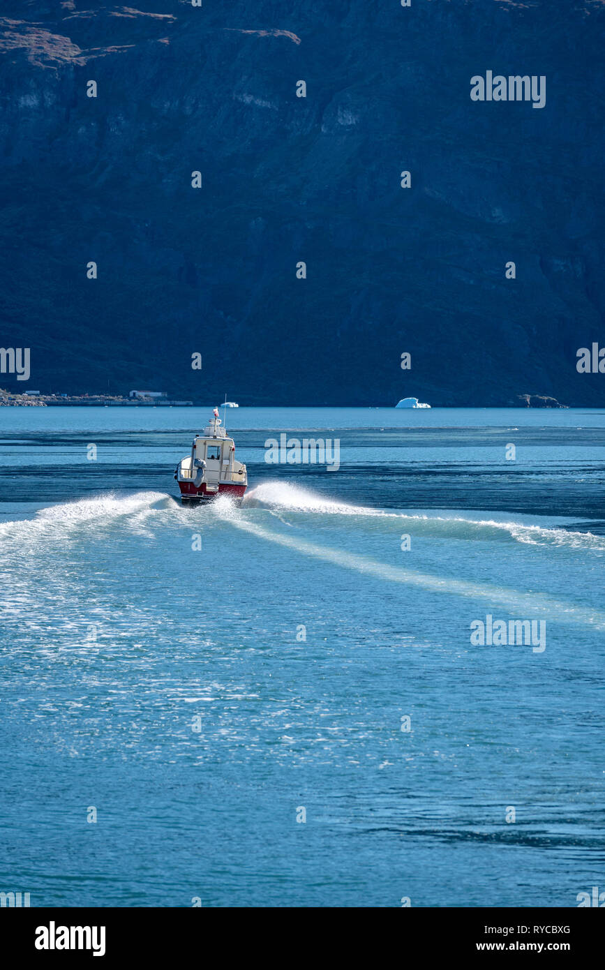 Boating, Eiriksfjordur, Qassiarsuk or Brattahlid, South Iceland Stock Photo