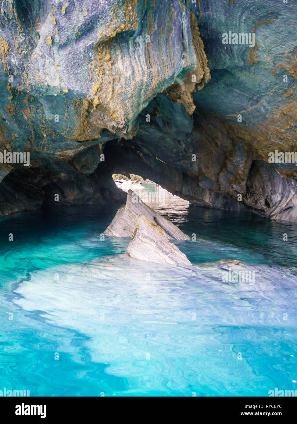 marble caves (Capillas del Marmol). General Carrera lake also called Lago Buenos Aires. North of Patagonia. Chile. Blue color Stock Photo