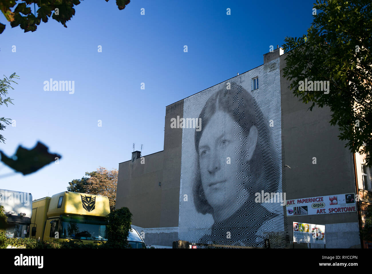 Black And White Retro Mural Painted On The Outer Wall Of Old