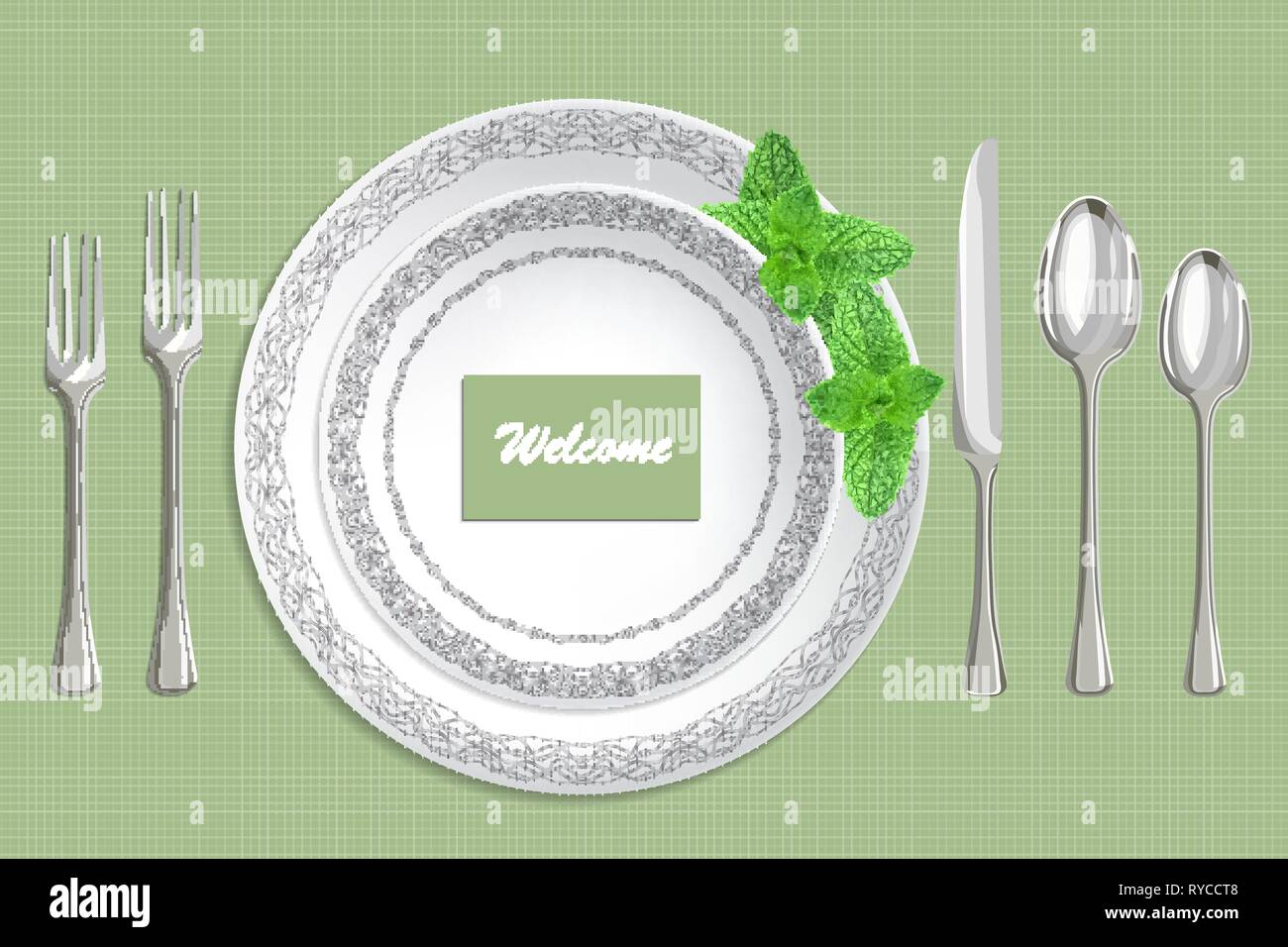 Table setting with plate, spoon, knife and fork on a green fabric background Stock Vector