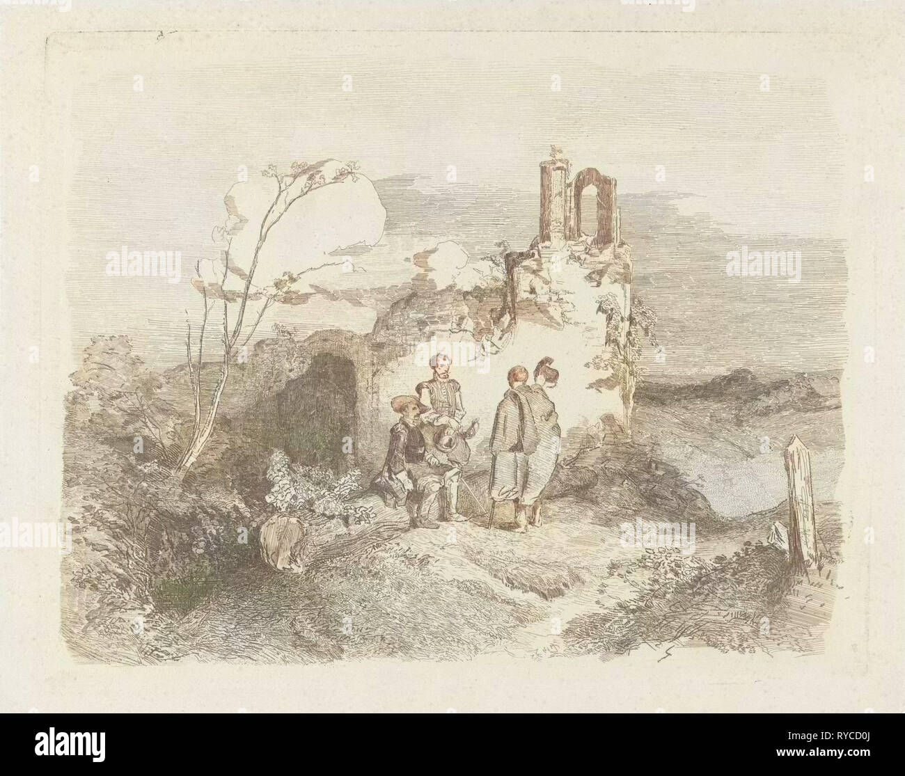 Men near ruins, Charles Rochussen, 1824 - 1894 Stock Photo