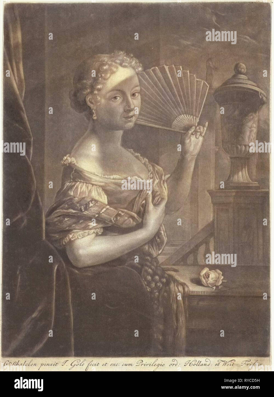 Young woman with fan, Jacob Gole, 1670 - 1724 Stock Photo
