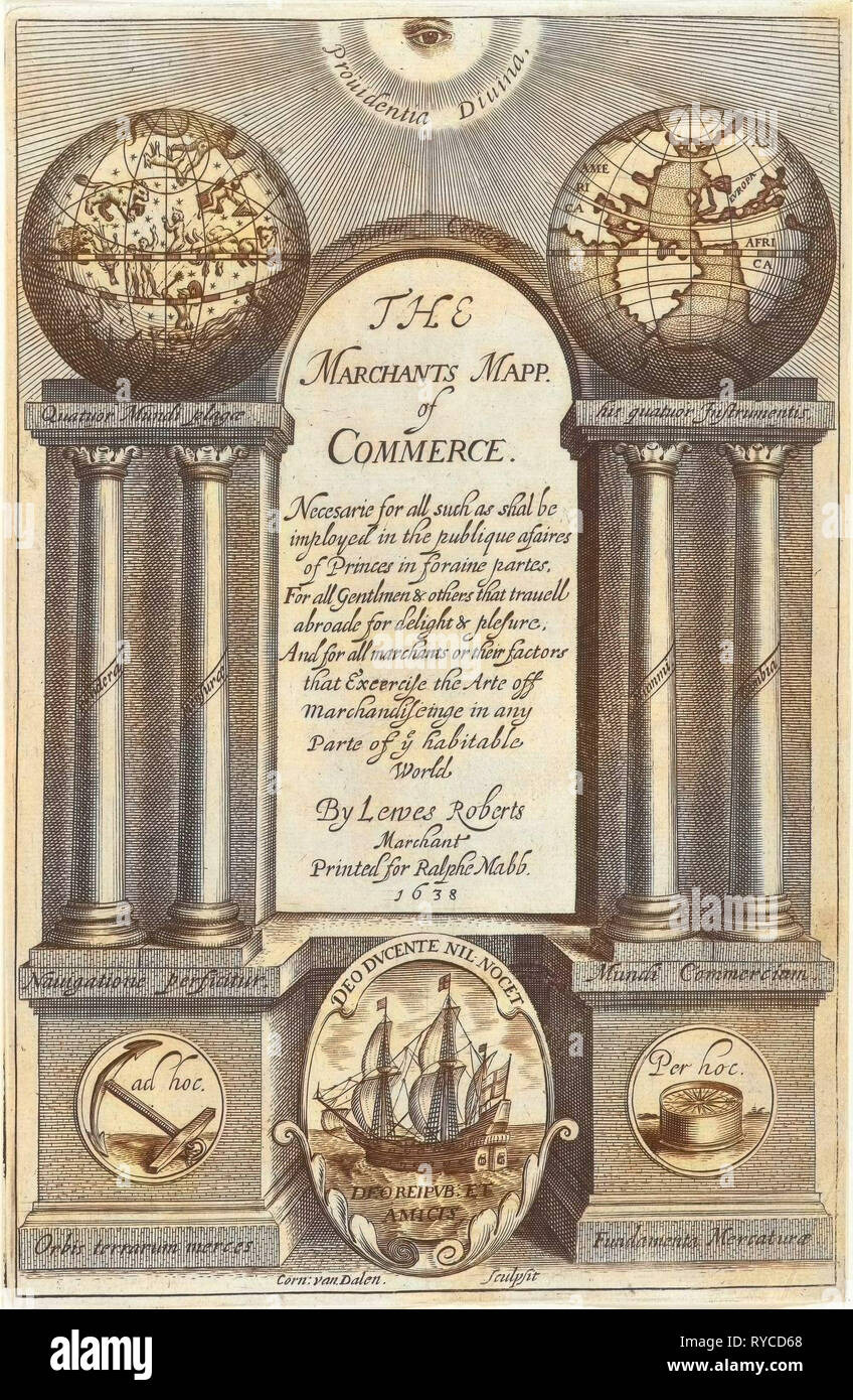 Seeing eye looks down on architecture awarded with world globe and celestial globe on pillars on either side of title, Cornelis van Dalen I, Ralph Mabb, 1638 Stock Photo