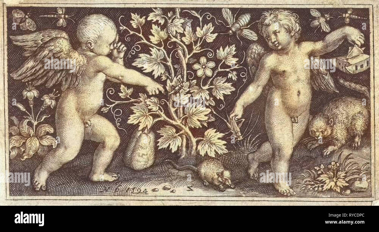 Two angels on either side of squash, pumpkin, or gourd, Nicolaes de Bruyn, 1594 Stock Photo