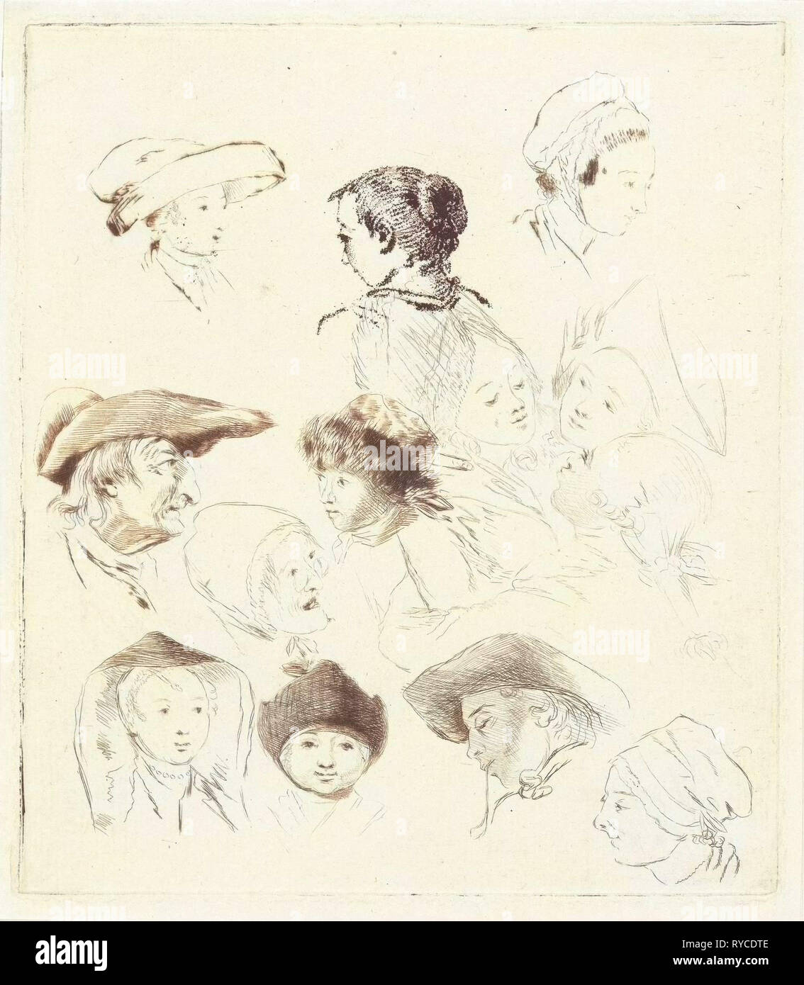 Study Sheet with thirteen heads, print maker: Louis Bernard Coclers, 1756 - 1817 Stock Photo