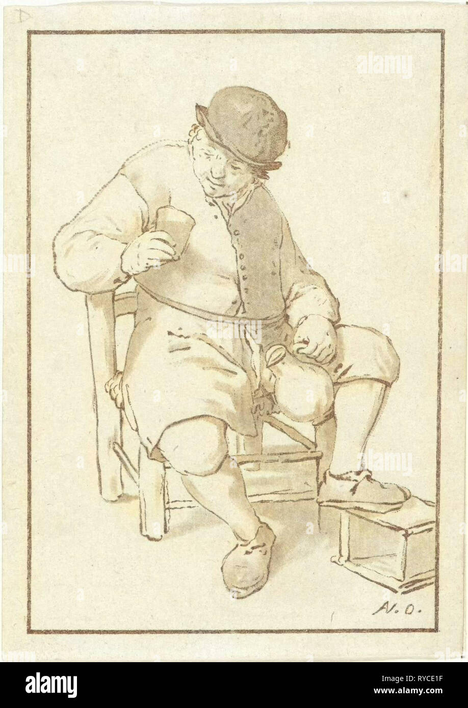 Seated farmer with pitcher, print maker: Cornelis Ploos van Amstel, Adriaen van Ostade, 1763 - 1768 Stock Photo