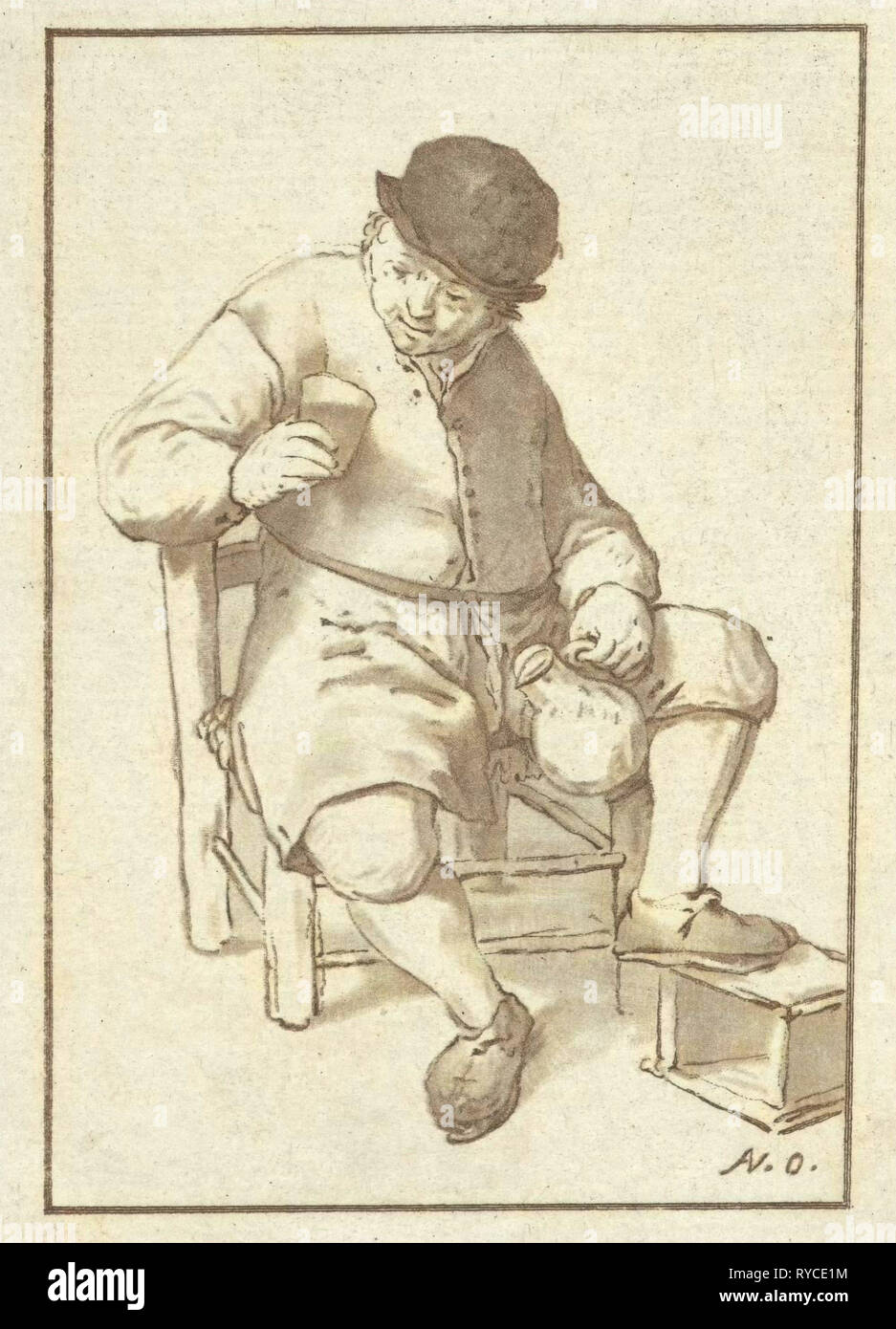 Seated farmer with pitcher, Cornelis Ploos van Amstel, 1763 - 1768 Stock Photo