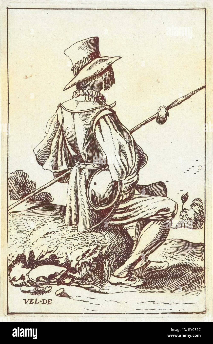 Sitting soldier seen from the back, Anonymous, 1610 Stock Photo