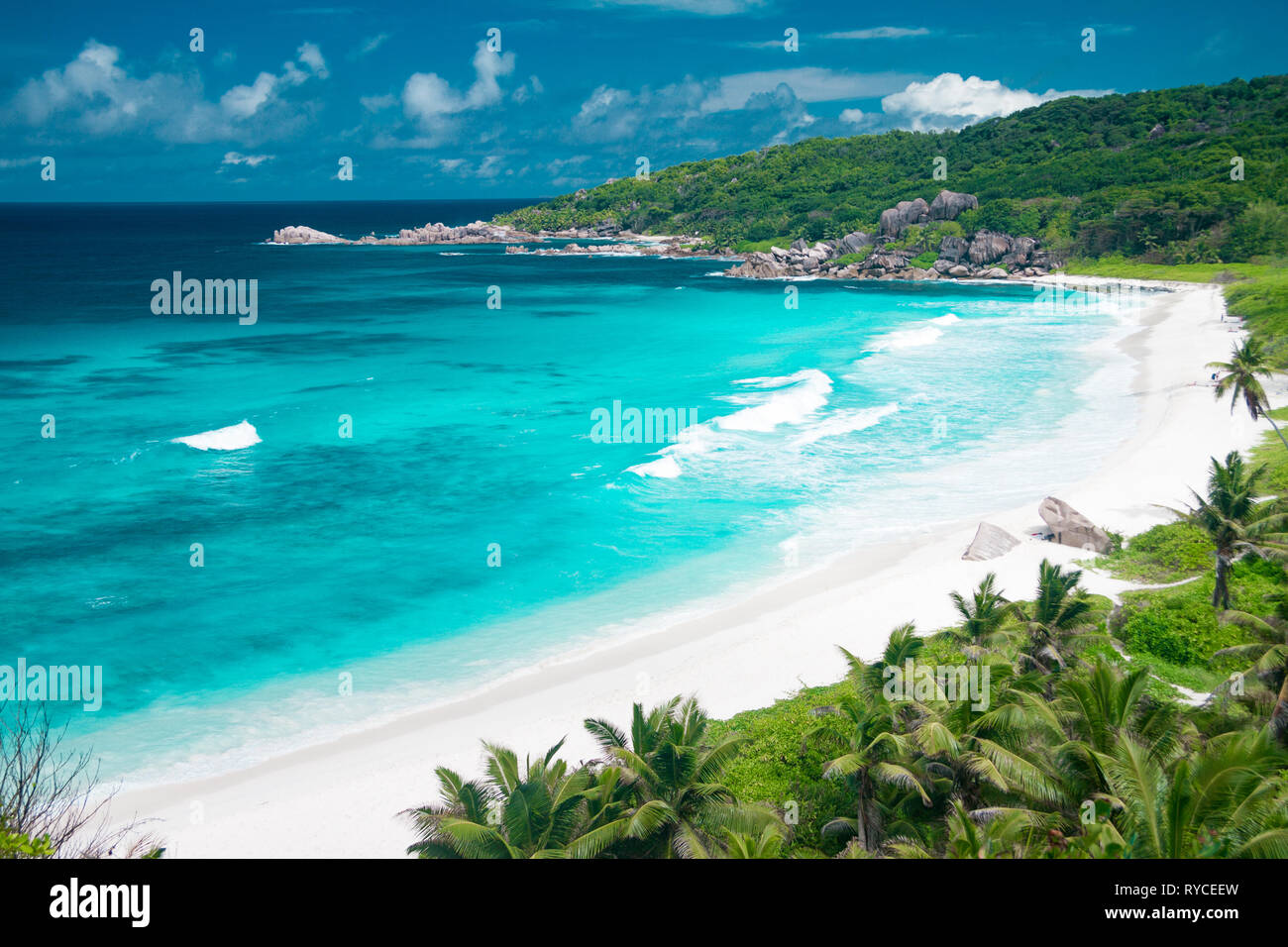 Amazing view at Grande Anse beach located on La Digue Island, Seychelles Stock Photo