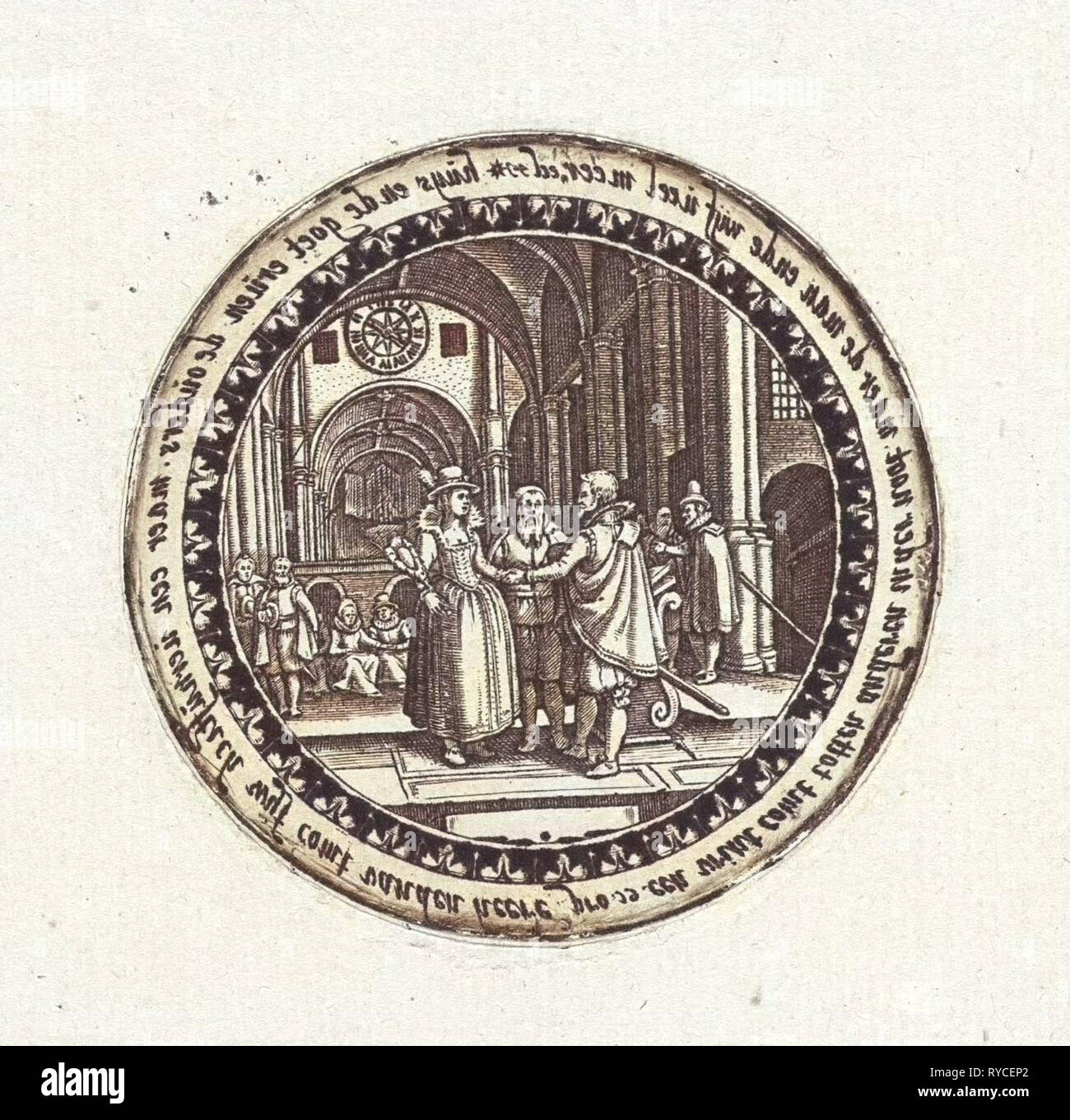 Print of a medallion with a depiction of a wedding ceremony in a church, Dirck Strijcker, 1607 - 1677 Stock Photo