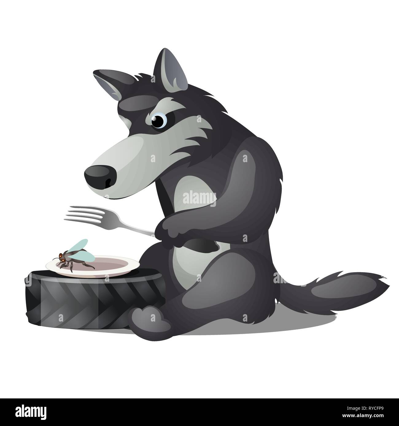 Hungry animated grey wolf with fork and empty plate with fly isolated on  white background. Vector cartoon close-up illustration Stock Vector Image &  Art - Alamy