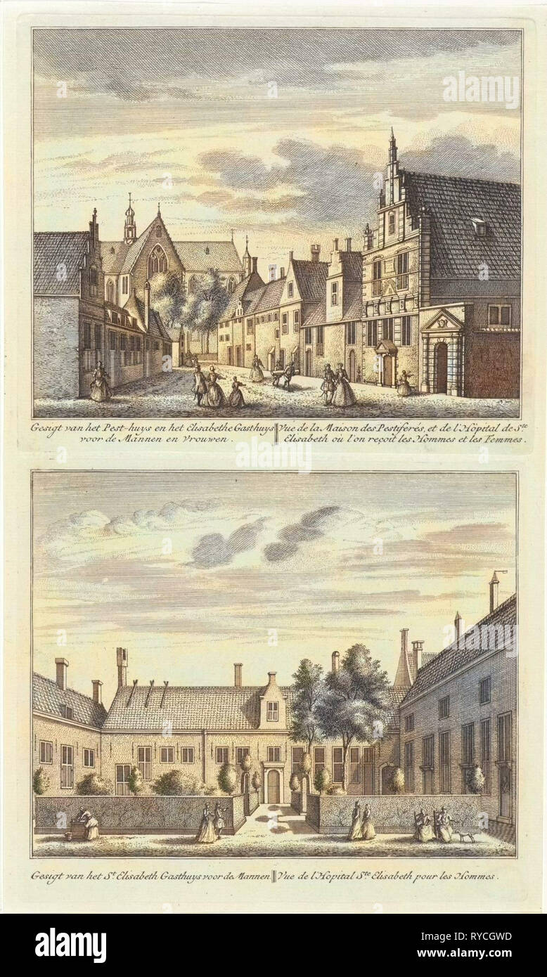 Two views in Alkmaar with the Plague House and St Elisabeth Hospital, The Netherlands, Leonard Schenk, Abraham Rademaker, 1746 Stock Photo
