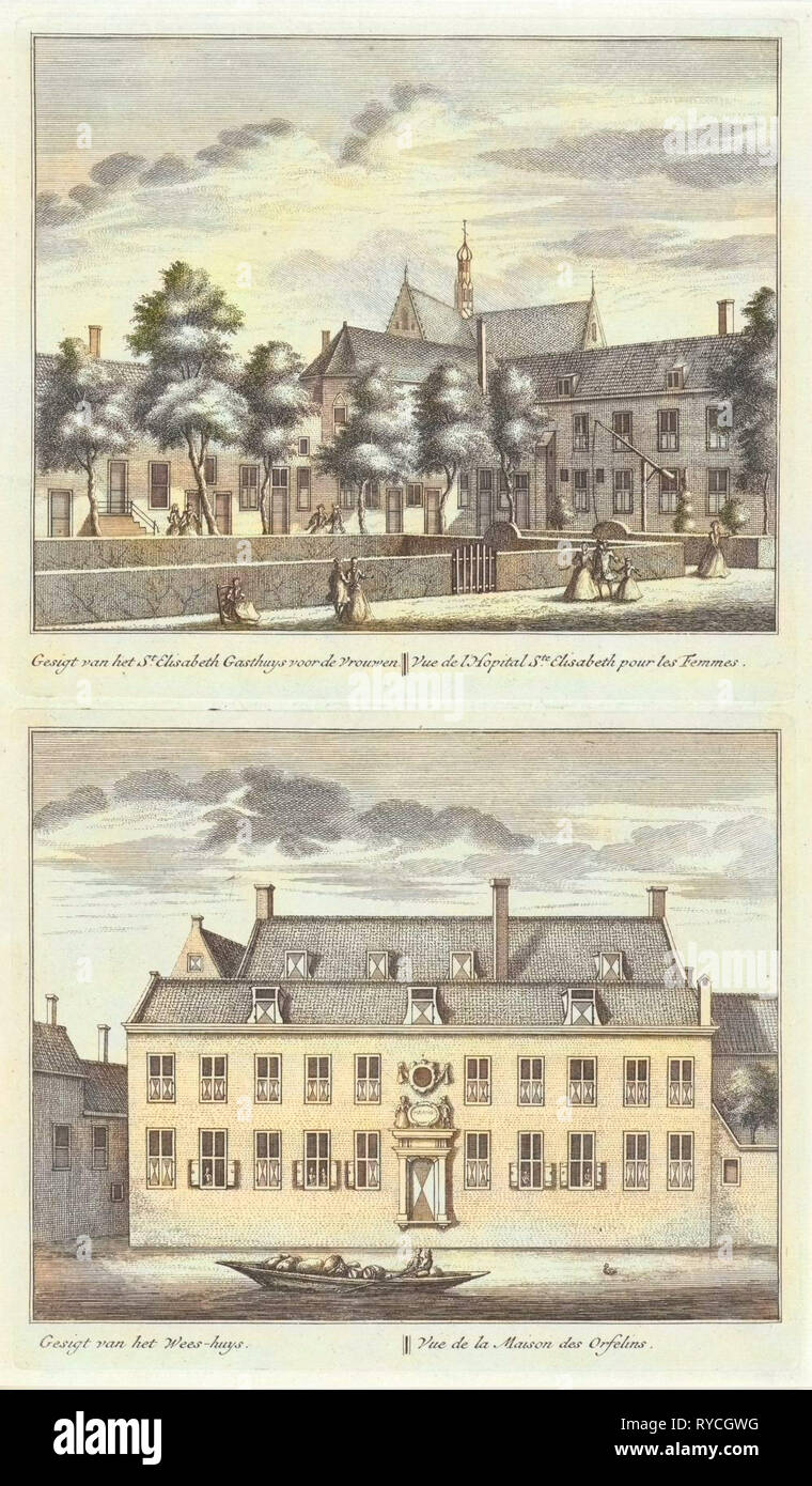 Two views in Alkmaar with the orphanage and the St. Elisabeth Hospital, The Netherlands, Leonard Schenk, Abraham Rademaker, 1746 Stock Photo