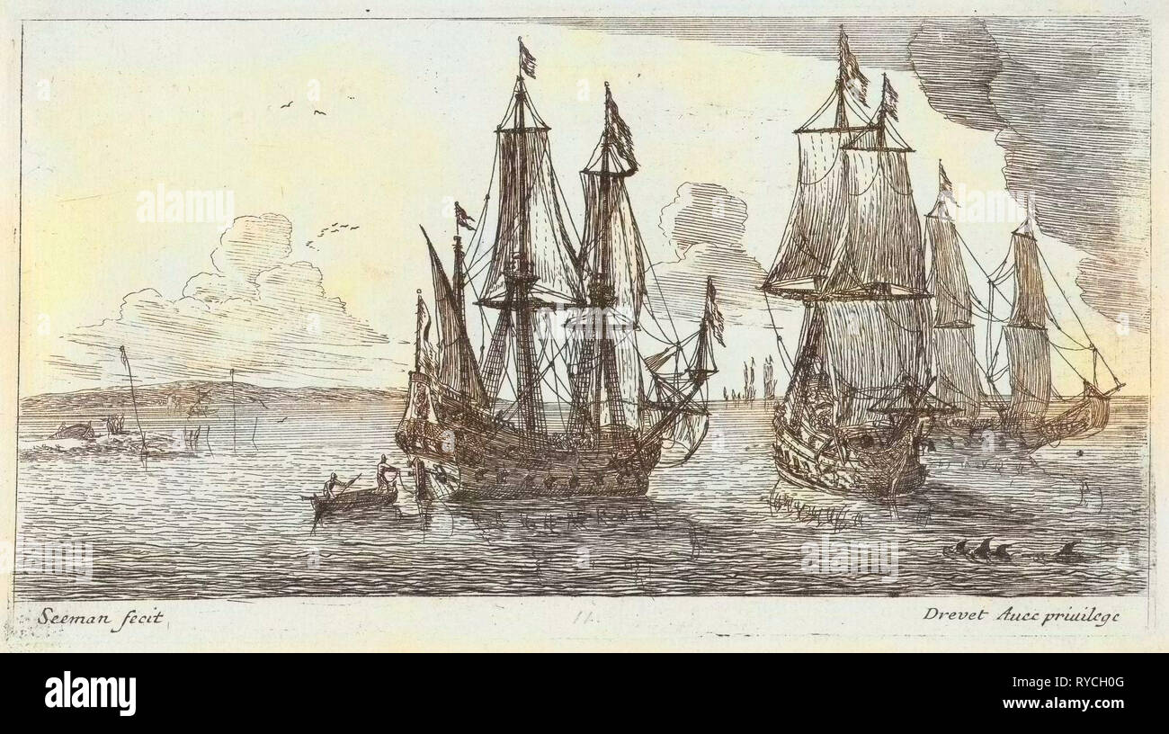 Three merchant ships off the coast, Anonymous, Pierre Drevet, 1650 - 1738 Stock Photo