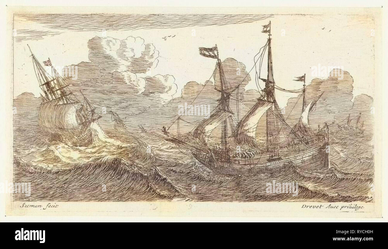 Sailing in rough seas, Anonymous, Pierre Drevet, 1650 - 1738 Stock Photo